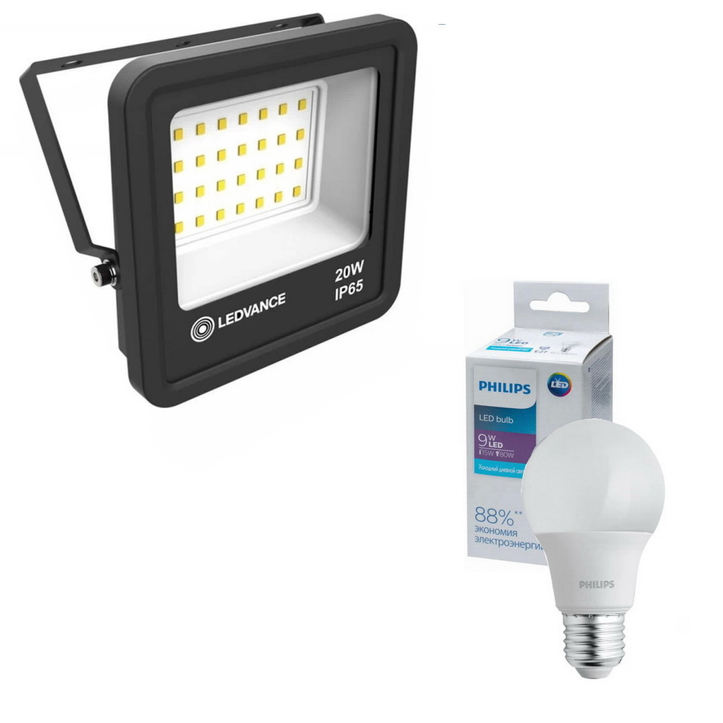 Комплект Прожектор Ledvance ECOCLASS FL G2 20W 740 230V BK + Лампа світлодіодна Philips (929002299467) Ecohome LED Bulb 9W E27 6500K(4058075709256R)