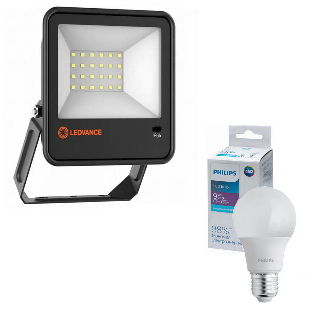 Комплект Прожектор Ledvance ECOCLASS FL G2 30W 765 230V BK + Лампа світлодіодна Philips (929002299467) Ecohome LED Bulb 9W E27 6500K(4058075709317R)