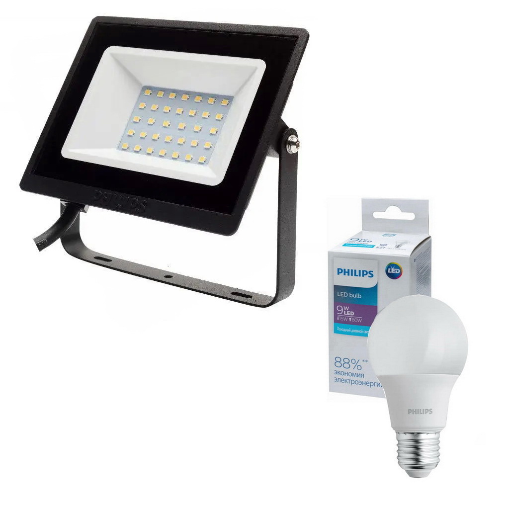 Комплект Прожектор Philips BVP156 LED24/NW 220-240 30W WB + Лампа світлодіодна Philips (929002299467) Ecohome LED Bulb 9W E27 6500K(911401828981R)