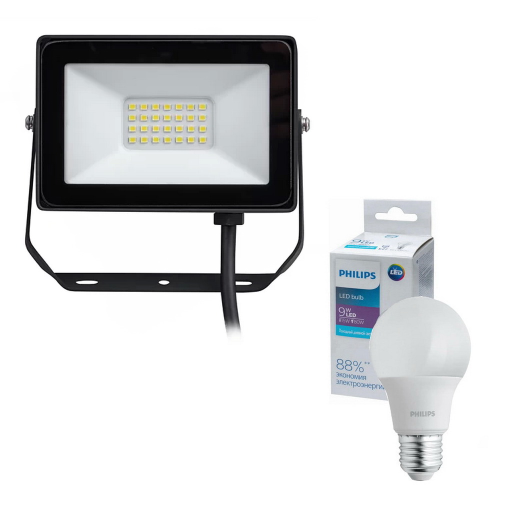 Комплект Прожектор Philips BVP150 LED18/NW PSU 20W SWB G2 GM + Лампа світлодіодна Philips (929002299467) Ecohome LED Bulb 9W E27 6500K (911401821283R)