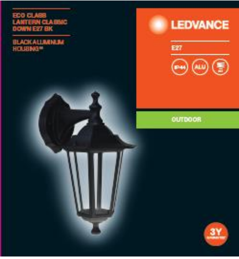 Світильник вуличний настінний Lantern Classic Down E27 60 Вт IP44 чорний Ledvance (4058075537262)