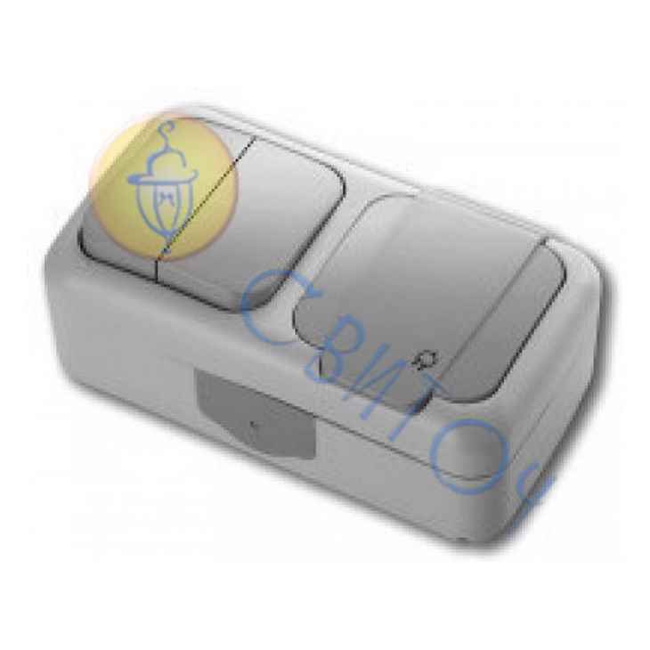 90555582 Выключатель 2+розетка с з/к (IP54) серый Palmiye Vi-Ko