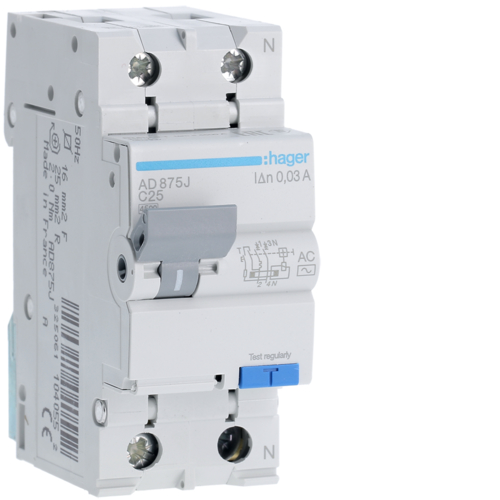 Дифференциальный автоматический выключатель Hager 1+N, 25A, 30 mA, С, 4,5 КА, AC, 2м (AD875J)