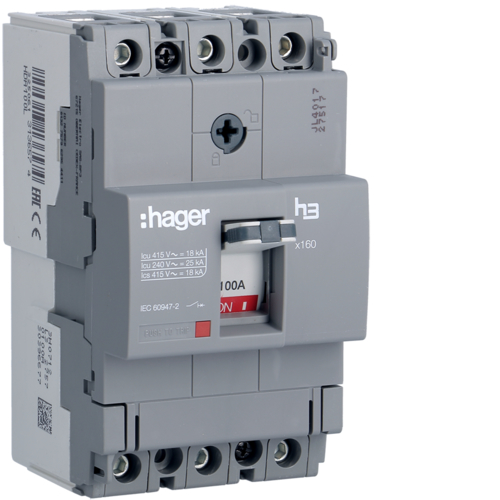 Автоматический выключатель Hager x160, In=100А, 3п, 18kA, Тфикс./Мфикс. (HDA100L)