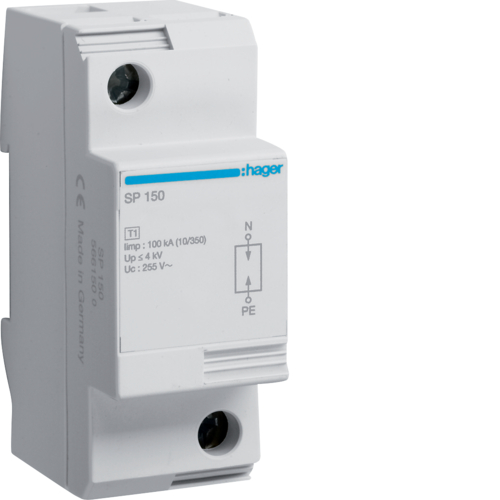 Грозозащитный разрядник Hager класу 1, TT, 1п, 50kA, Up<=4kB (SP150)