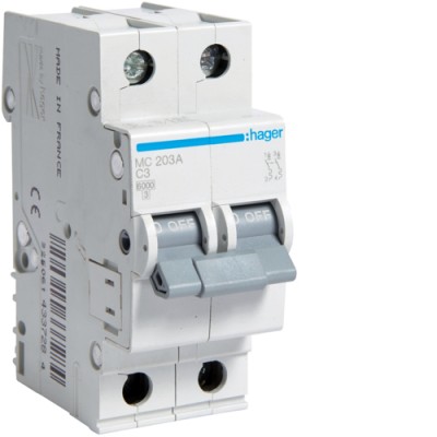 Автоматический выключатель Hager 2P 6kA C-3A 2M (MC203A)