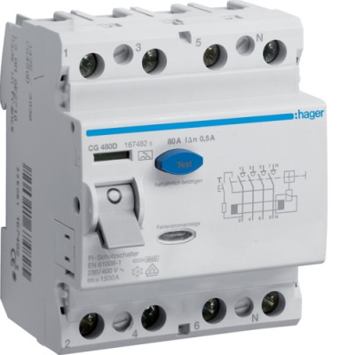 Устройство защитного отключения Hager 4P 80A 500mA A (CG480D)