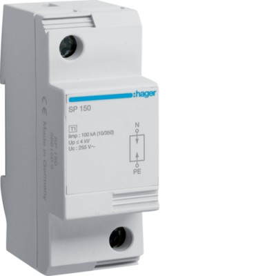 Грозозащитный разрядник Hager класу 1, TT, 1п, 50kA, Up<=4kB (SP150)
