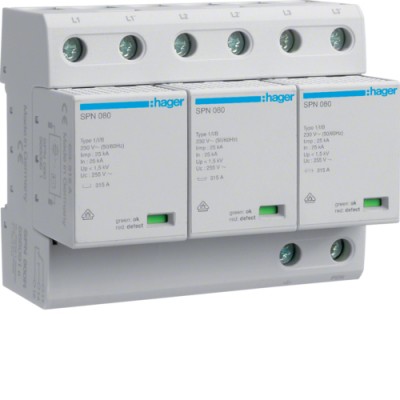 Комбинированный разрядник Hager, клас 1+2,сменный,с индикацией и доп. контактом,TNC,3п,75kA (SPN800R)