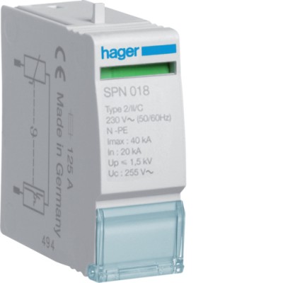 Вставний модуль Hager для разрядника, 1п, 40kA, 255В, Up=1,5kB (SPN018)