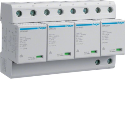 Комбинированный разрядник Hager, клас 1+2,сменный,с индикацией,TT,4п,100kA (SPN802)