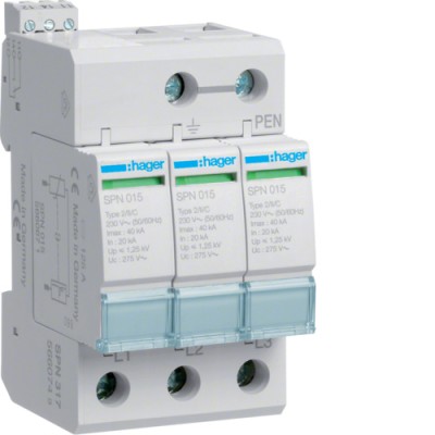 Разрядник Hager класса 2, c доп.контактом, 3п, 40kA, Up<=1,25kB (SPN317)