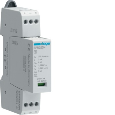Аппаратная защита Hager, клас 3, 1+N-PE с индикацией, 1п, 3kA (SPN203N)