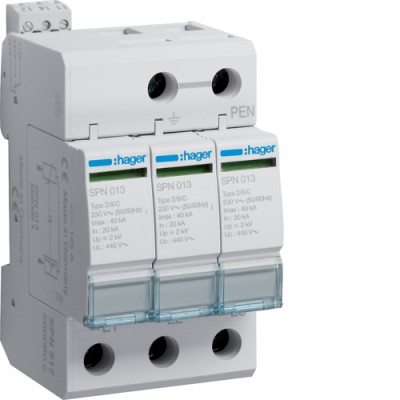Разрядник Hager класса 2, c доп.контактом, 3п, 40kA, Up<=2kB (SPN517)