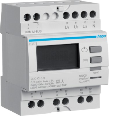 3-Фазный счетчик Hager непрямого подключения Mbus, 4м (EC378)
