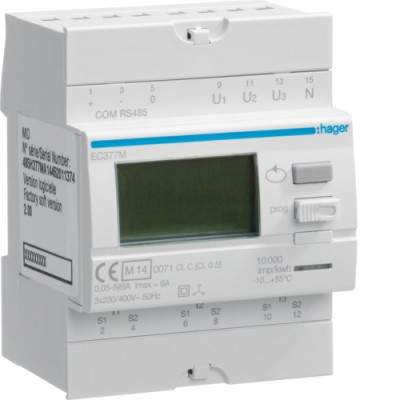 3-Фазный счетчик Hager непрямого подключения Modbus, MID, 4м (EC377M)