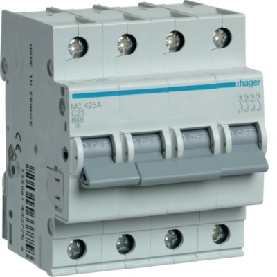 Автоматический выключатель Hager 4P 6kA C-25A 4M (MC425A)