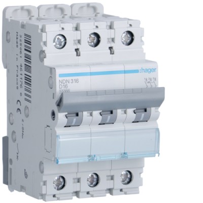 Автоматический выключатель Hager In=16А, 3п, D, 10 kA, 3м (NDN316)