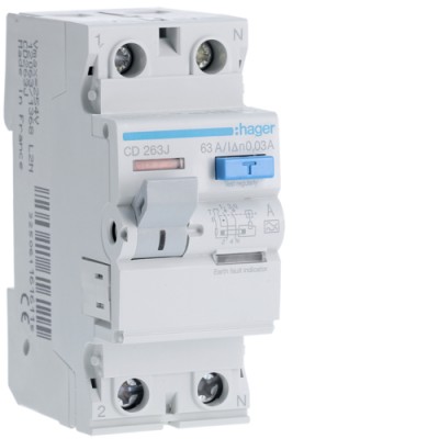 Устройство защитного отключения Hager 2P 63 A, 30 mA, A, 2м (CD263J)
