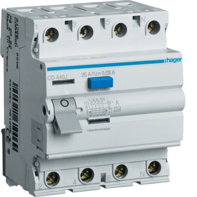 Устройство защитного отключения Hager 4P 40 A, 30 mA, A, 4м (CD440J)