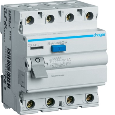 Устройство защитного отключения Hager 4P 40A, 30 mA, AC, 4м (CD441J)
