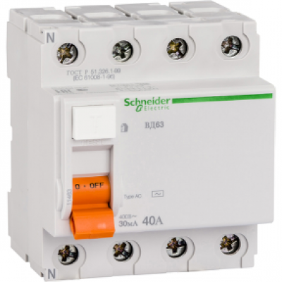 Дифференциальный автомат Schneider Electric ВД63, 4P, 30mA, 40A (11463)