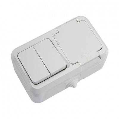 Выключатель 2-клавишный+розетка с крышкой Makel IP44 Белый (18351)