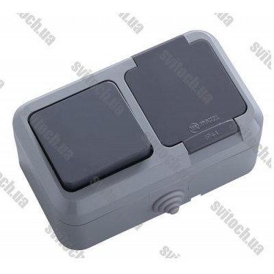 Выключатель 1-клавишный+розетка с крышкой Makel IP44 Серый (18150)