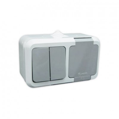 Выключатель 2-клавишный+розетка с крышкой Makel IP44 Серый (18151)