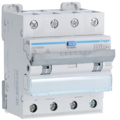 Диференційний автоматичний вимикач Hager 4P 6kA C-16A 30mA Hi (ADH466H)