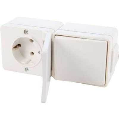 Комбинация розетки с з/к и универс. выключателя Hager белая HERMETICA 16А/230В (16002702)