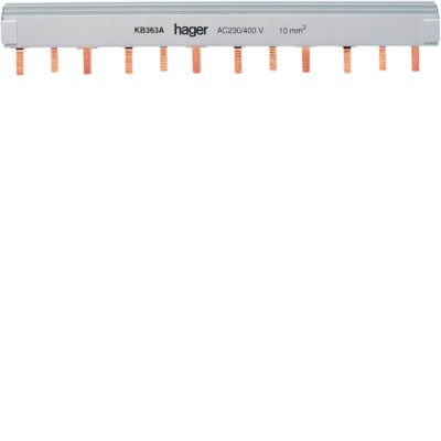 Шина Hager соединительная штыревая, 3-полюсная на 12 модулей, с изоляцией, 10мм2 (KB363A)
