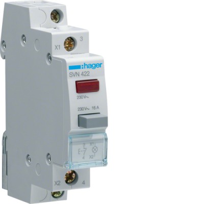 Выключатель Hager кнопочный обратный с красным индикатором 230В/16А, 1НО (SVN422)