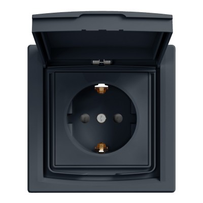 Розетка Schneider Electric Asfora с з/к, защ. шторками и крышкой , IP44, антрацит (EPH3100371)