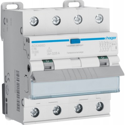 Дифференциальный автоматический выключатель Hager 4P 10kA C-16A 30mA A (ADX466D)