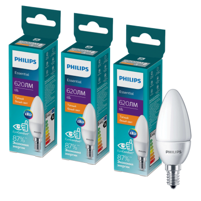 Лампа світлодіодна PhilipsESSLEDCandle 6W 620lm E14 827 B35NDFRRCA, 3 шт