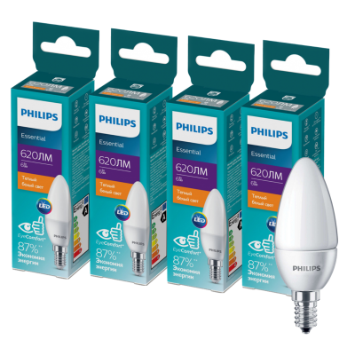 Светодиодная лампа PhilipsESSLEDCandle 6W 620lm E14 827 B35NDFRRCA, 4 шт (929002970807S)