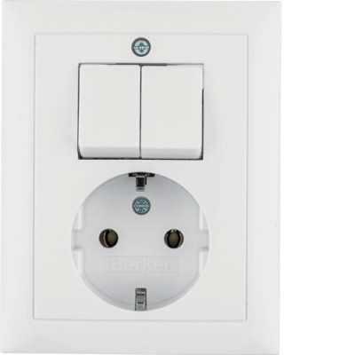 Розетка Berker с з/к с 2-кл. выключателем, цельная, пол.белизна, 16А/250В S.1 (6143558949)