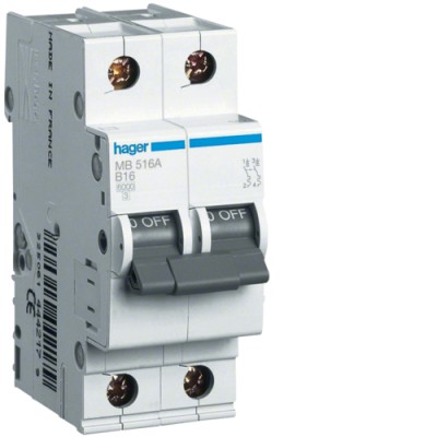 Автоматический выключатель Hager 1P+N 6kA B-16A 2M (MB516A)