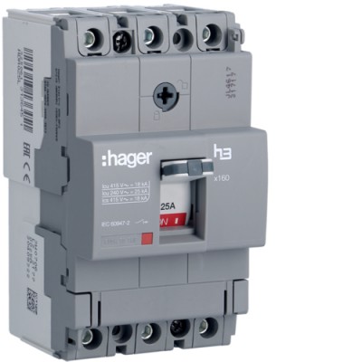 Автоматический выключатель Hager x160, In=25А, 3п, 18kA, Тфикс./Мфикс. (HDA025L)