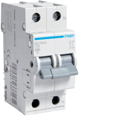 Автоматический выключатель Hager 1P+N 6kA C-10A 2M (MC510A)
